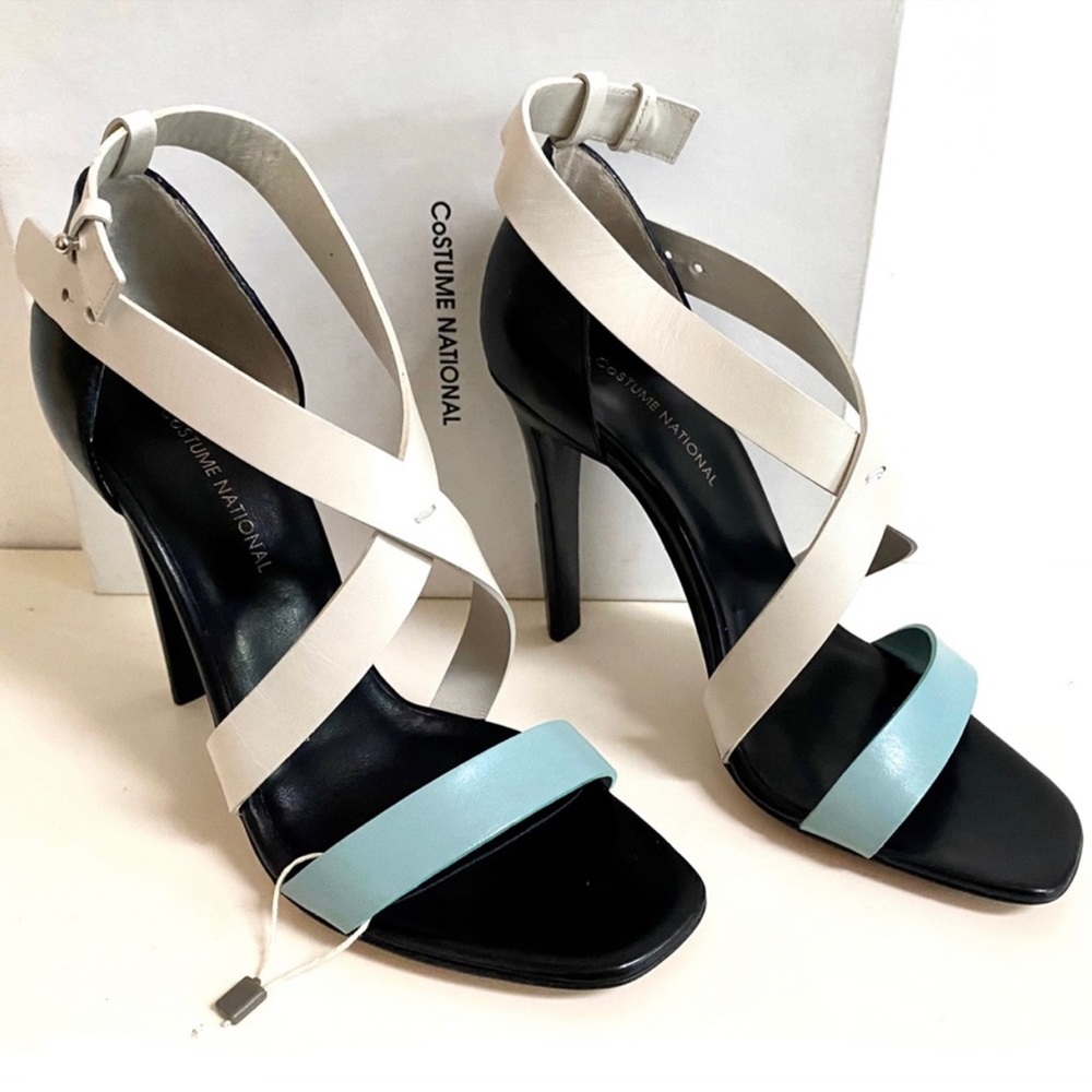 NWT Costume National Lima Strap Sandals Aqua White Black, $758, Sz 39, 9